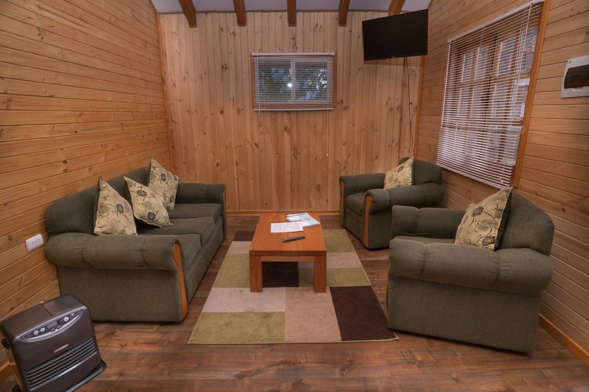 Living de la cabaña con sillones, mesa de centro y televisor, revestido en madera