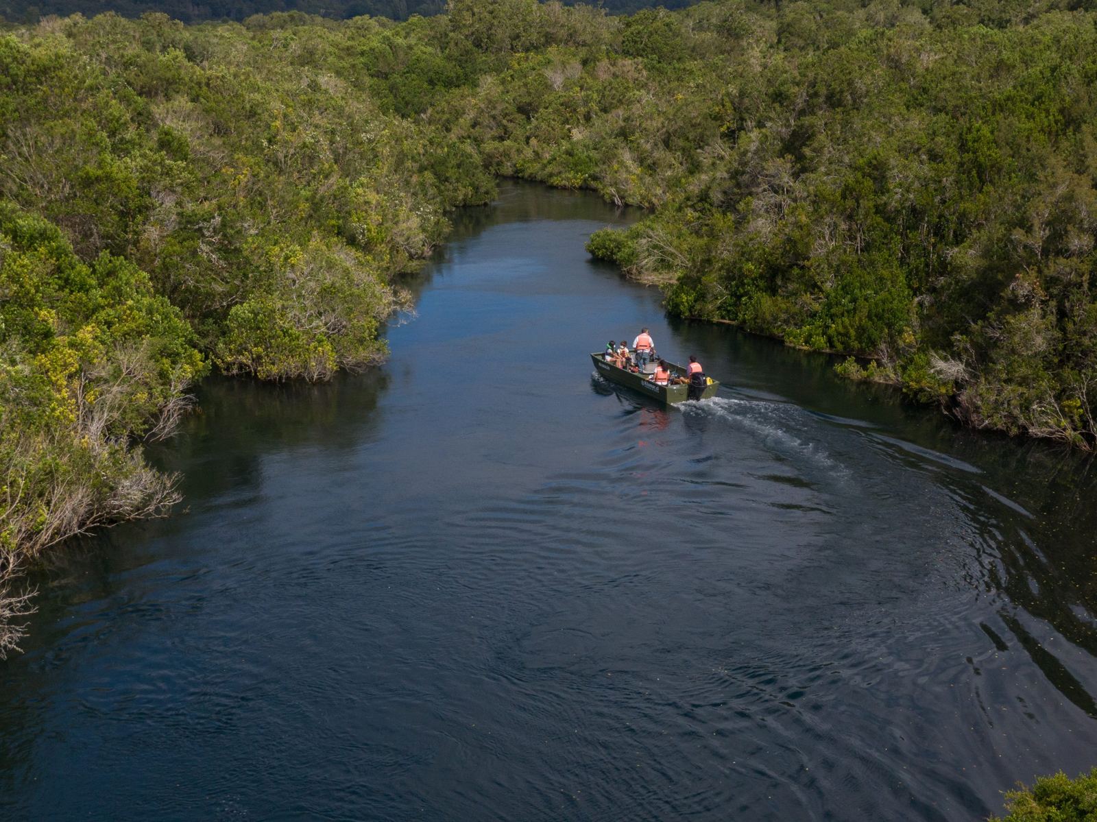 Vista aérea del bote Río Maullín remontando el río entre bosque nativo